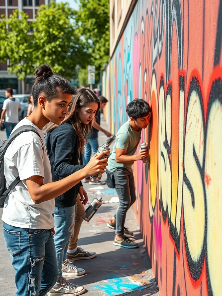 A photo of young people participating in an urban arts workshop, creating graffiti art on a designated wall, demonstrating the creative expression fostered by WAYA RECORDS.