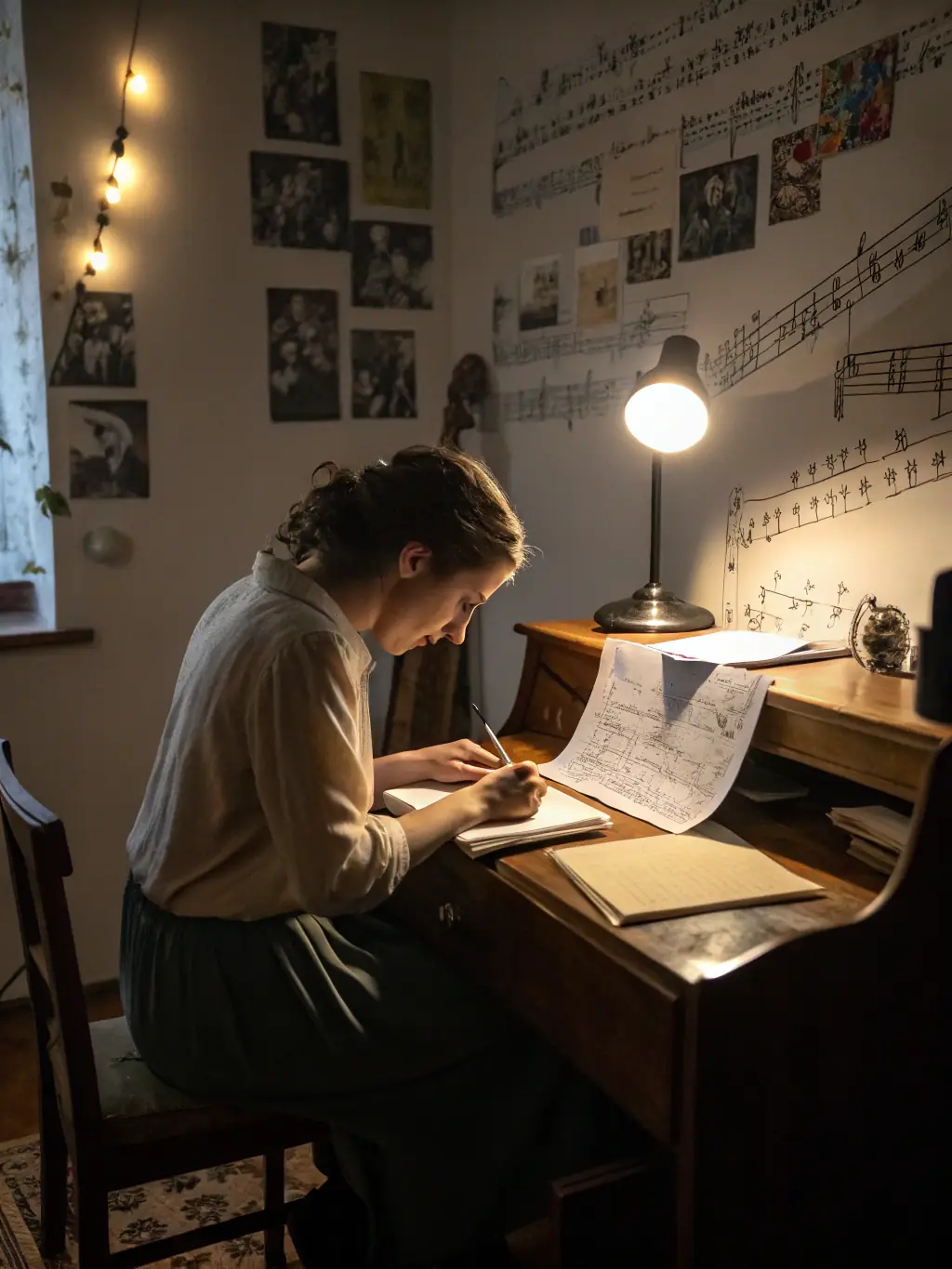 A young person writing lyrics in a WAYA RECORDS writing workshop, focused on their notebook with a pen in hand, surrounded by other participants in a brightly lit room.