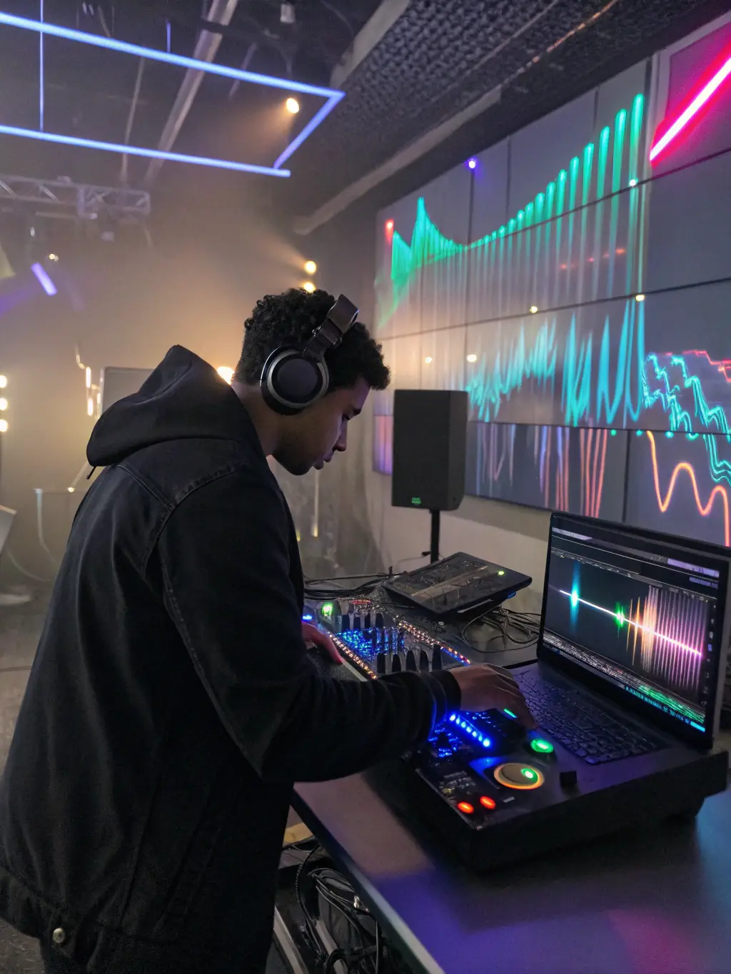 A young DJ broadcasting a live set from the WAYA RECORDS broadcasting studio, with headphones on and a focused expression, surrounded by equipment and colorful lighting.