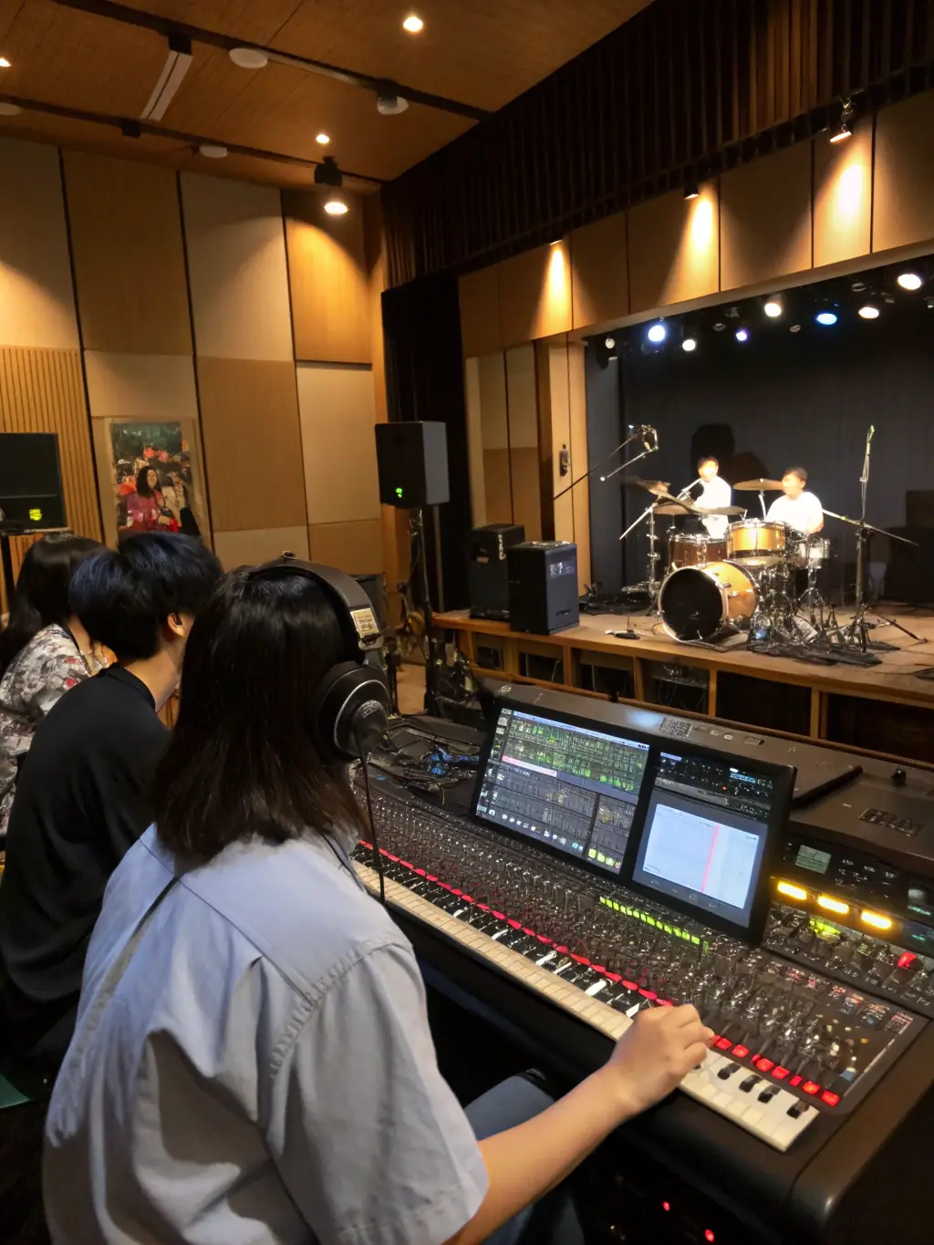 A group of young musicians recording a song in the WAYA RECORDS studio, with a sound engineer at the mixing board and the musicians playing their instruments with enthusiasm.