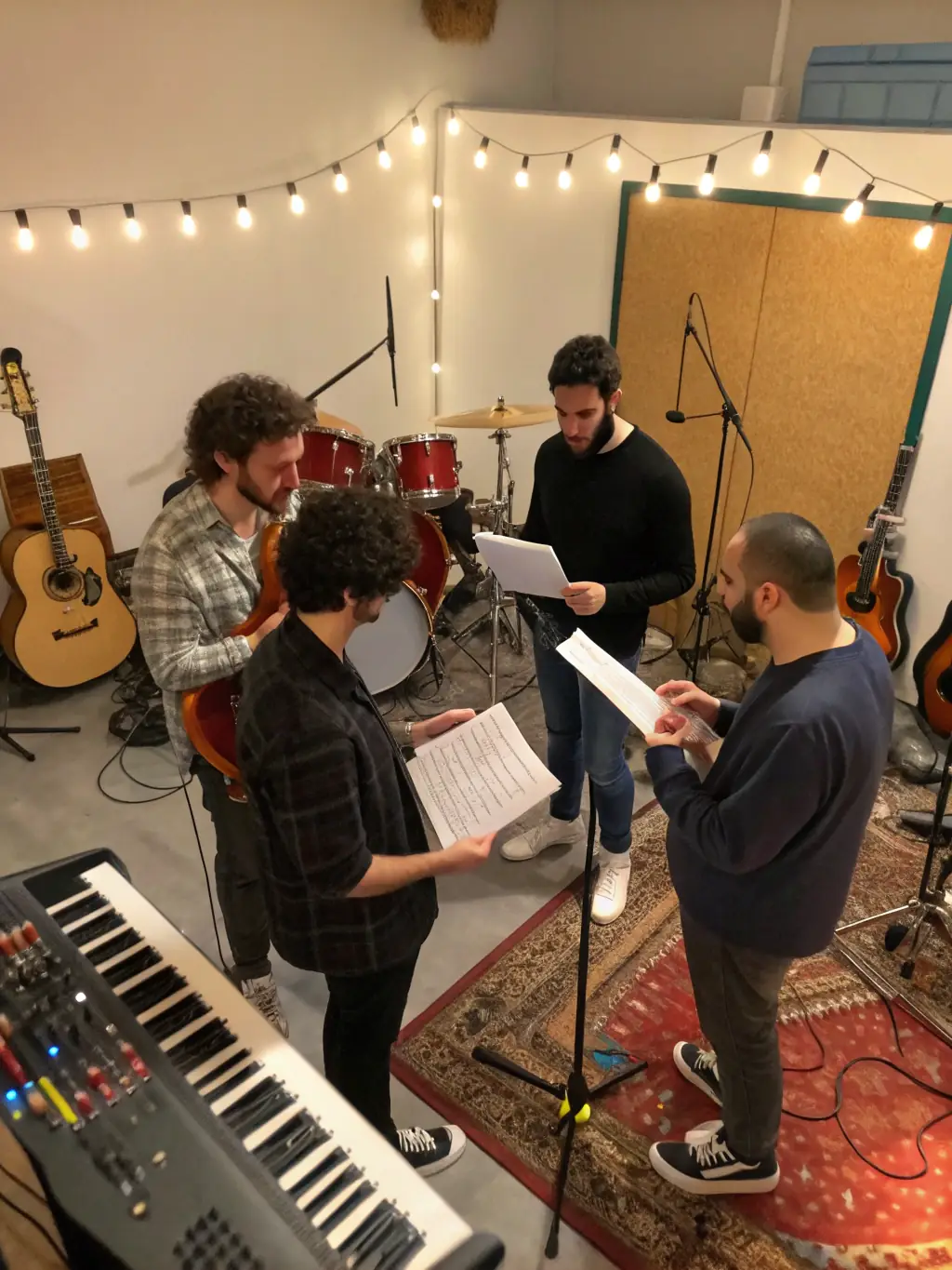 A dynamic image of a group of young musicians collaborating on a song in a recording studio, showcasing the collaborative spirit of WAYA RECORDS' music programs.