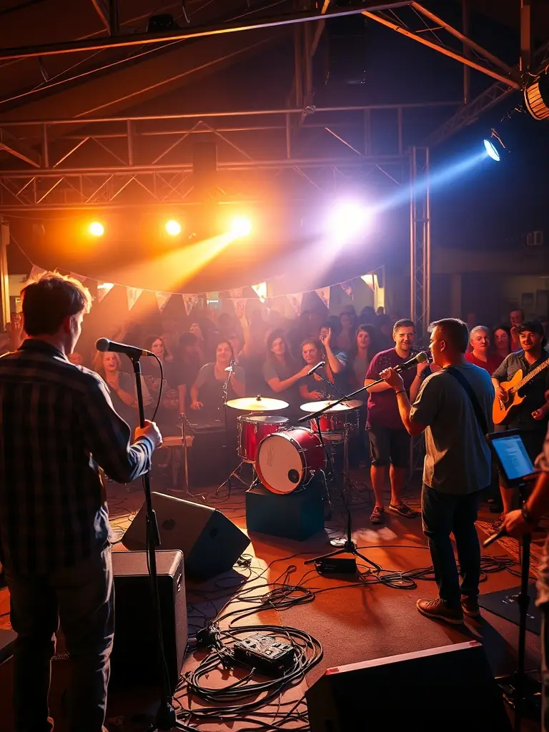 A picture of a live performance featuring young musicians from WAYA RECORDS, playing instruments and singing on stage, capturing the excitement of live music events.