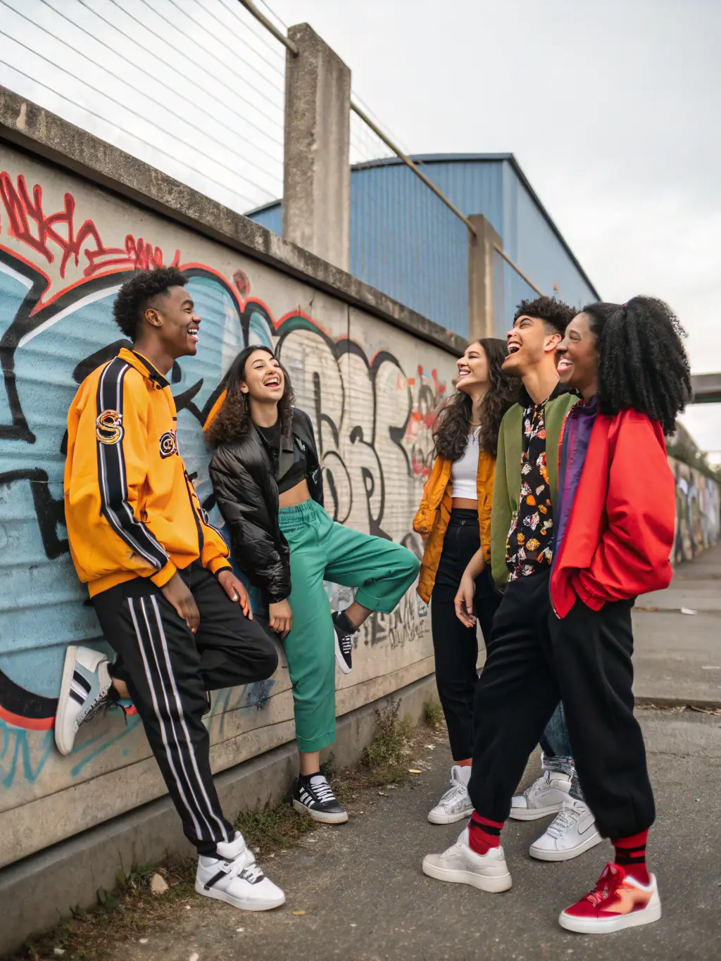 A group of young people participating in an urban arts workshop at WAYA RECORDS, learning graffiti art techniques from a professional artist, with colorful murals in the background.